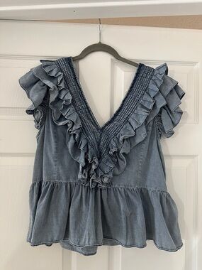 BiBi Light Blue Ruffled Denim-Style Blouse